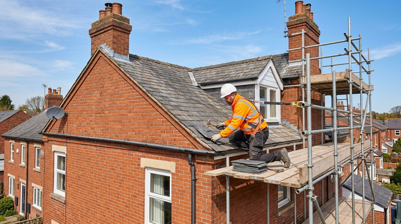 Professional roofer working on scaffolding