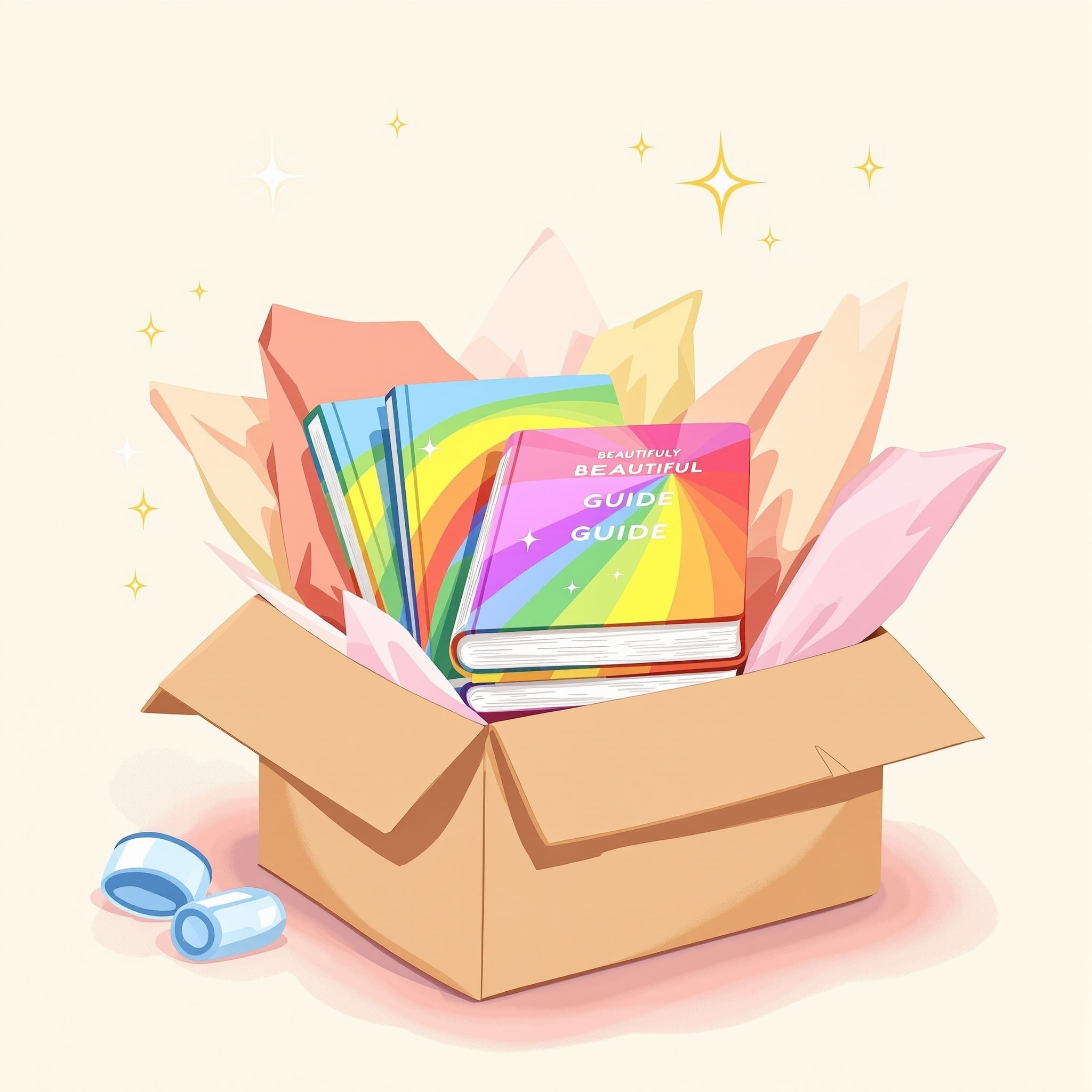 Illustration of printed pocket guides being carefully packaged in a shipping box