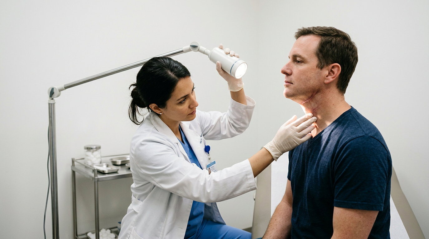 Female clinician examining a burn scar on the neck of a male veteran using a dermatoscopy light to assess scar depth and tissue damage