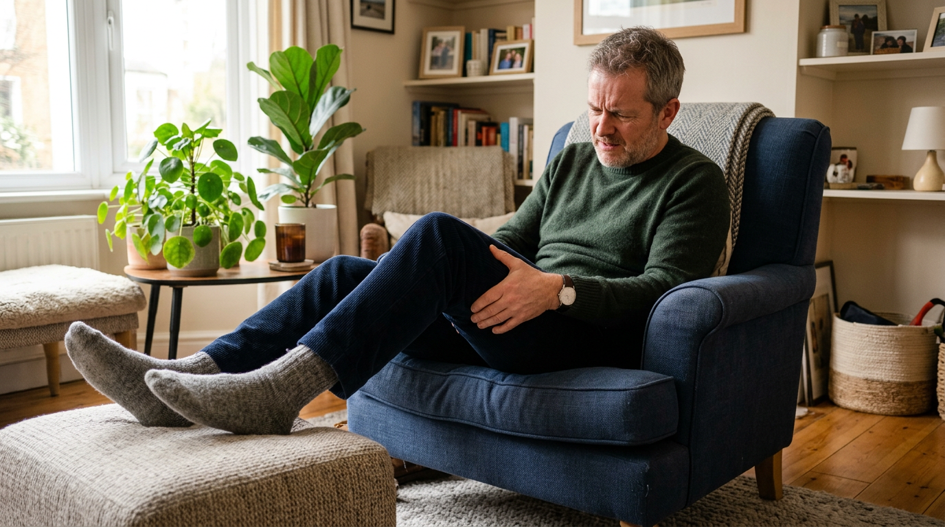 Photograph of a man sitting with his leg propped on a footrest, unable to lock the knee straight, rubbing the quadriceps in discomfort
