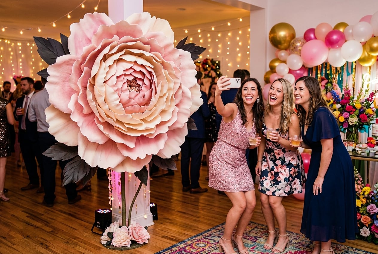 Giant freestanding Peony foam flower used as photo booth backdrop at a party with guests taking selfies