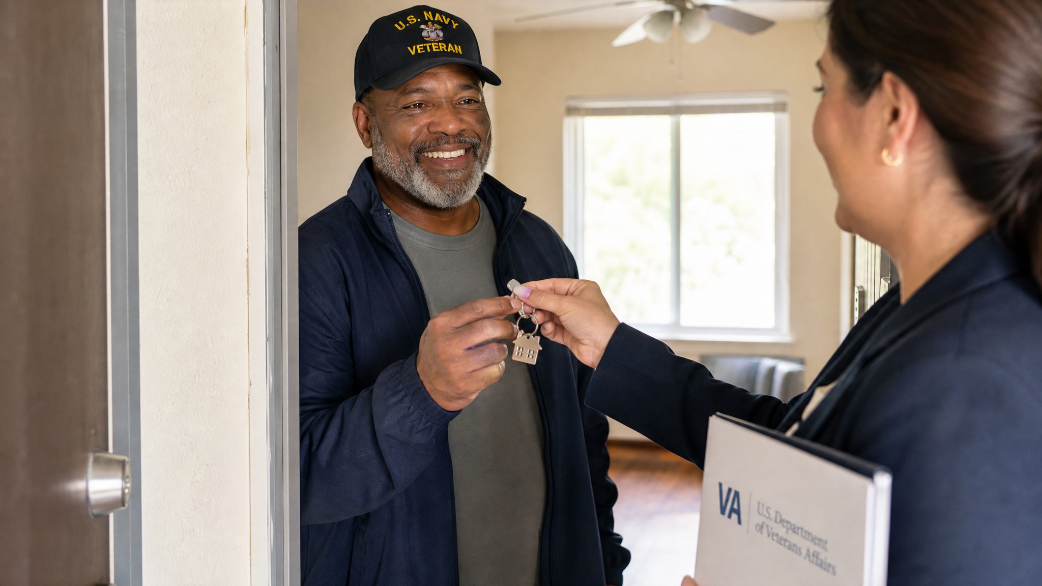 A Black male veteran receiving keys to a new apartment through a VA supportive housing program