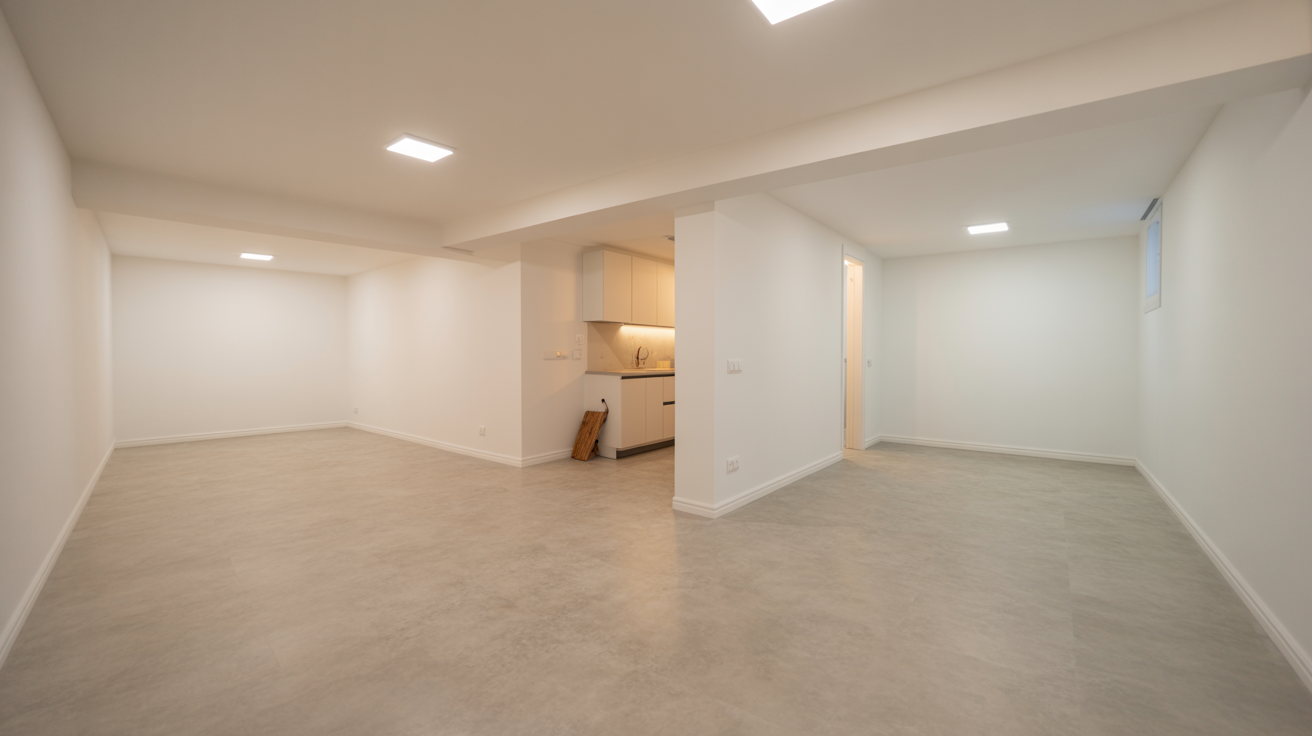 Finished dry basement conversion with waterproofing