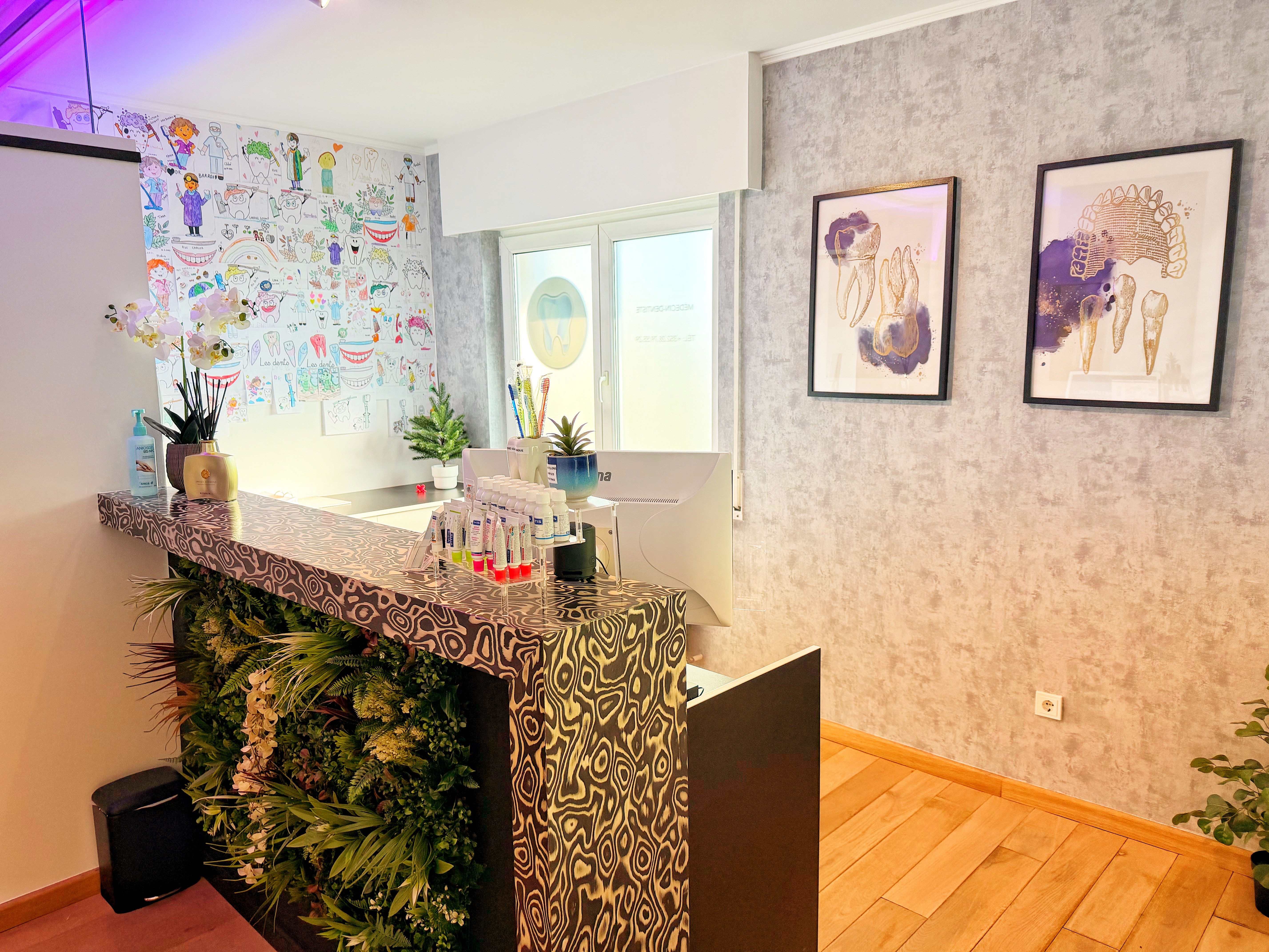 Réception — vue alternative avec décoration et art dentaire