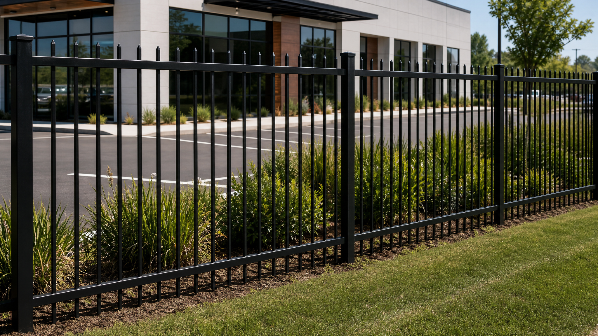 C200 Commercial pinched security top welded steel fence around a modern office building