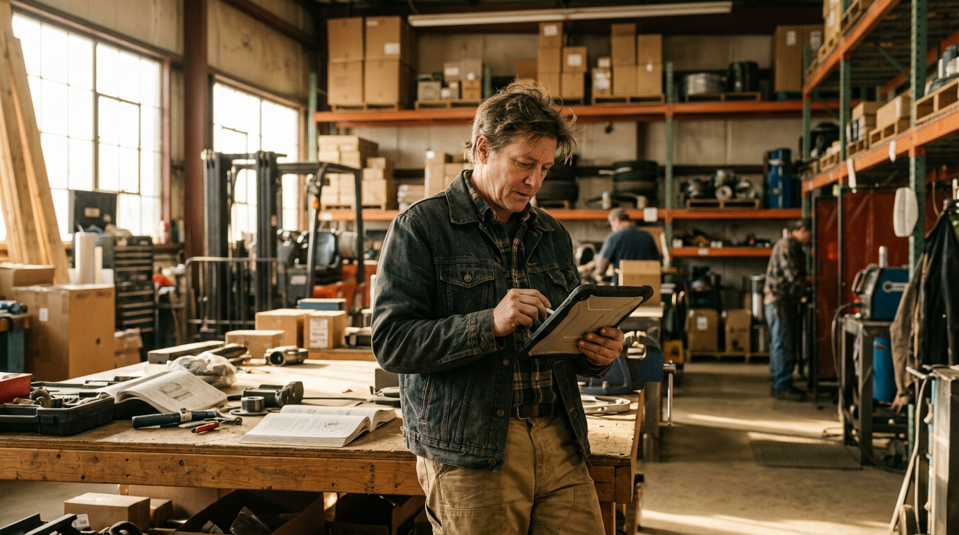 A business owner reviewing operations in their workshop.
