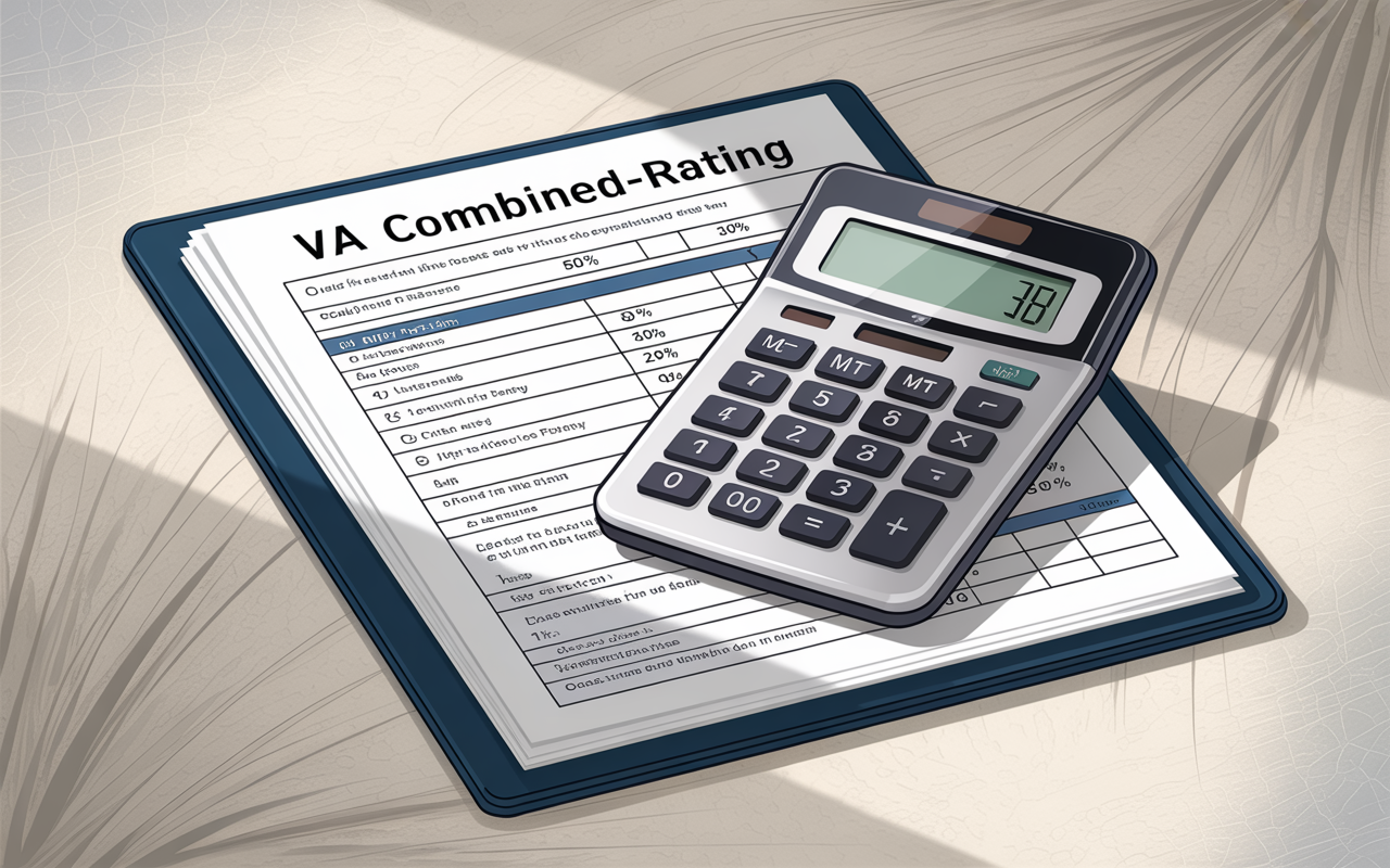 A VA combined-rating worksheet beside a calculator, showing how multiple ratings are combined