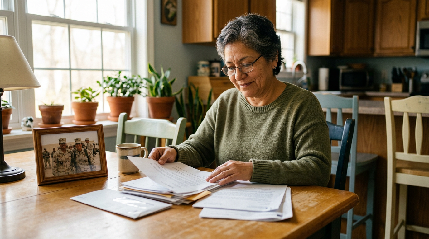 A woman veteran reviewing her deployment papers at her kitchen table