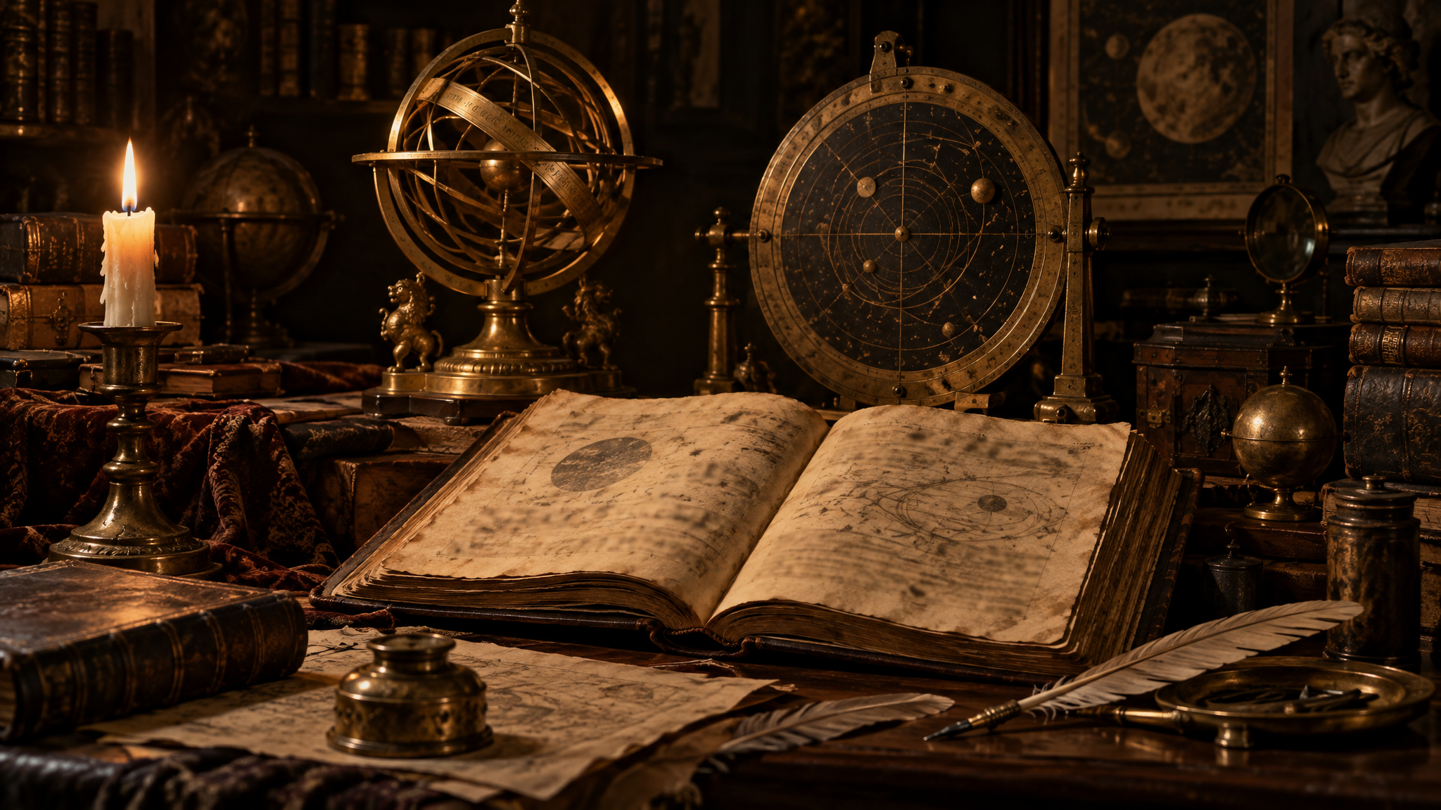 A candlelit study table with an open manuscript and a brass armillary sphere