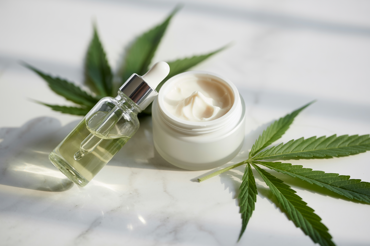 CBD skincare products with hemp leaves on marble surface - natural acne treatment