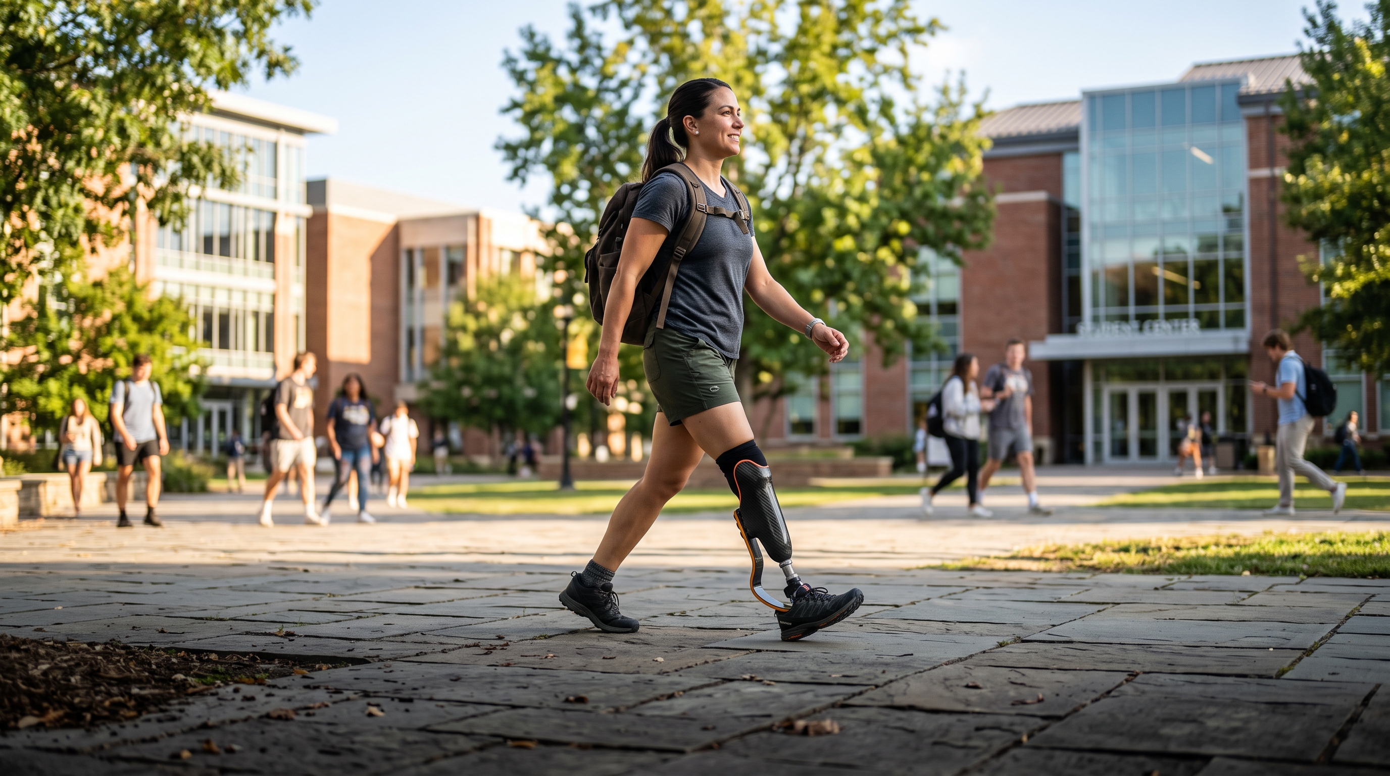 A veteran with a running-blade prosthetic leg walking confidently across a university campus