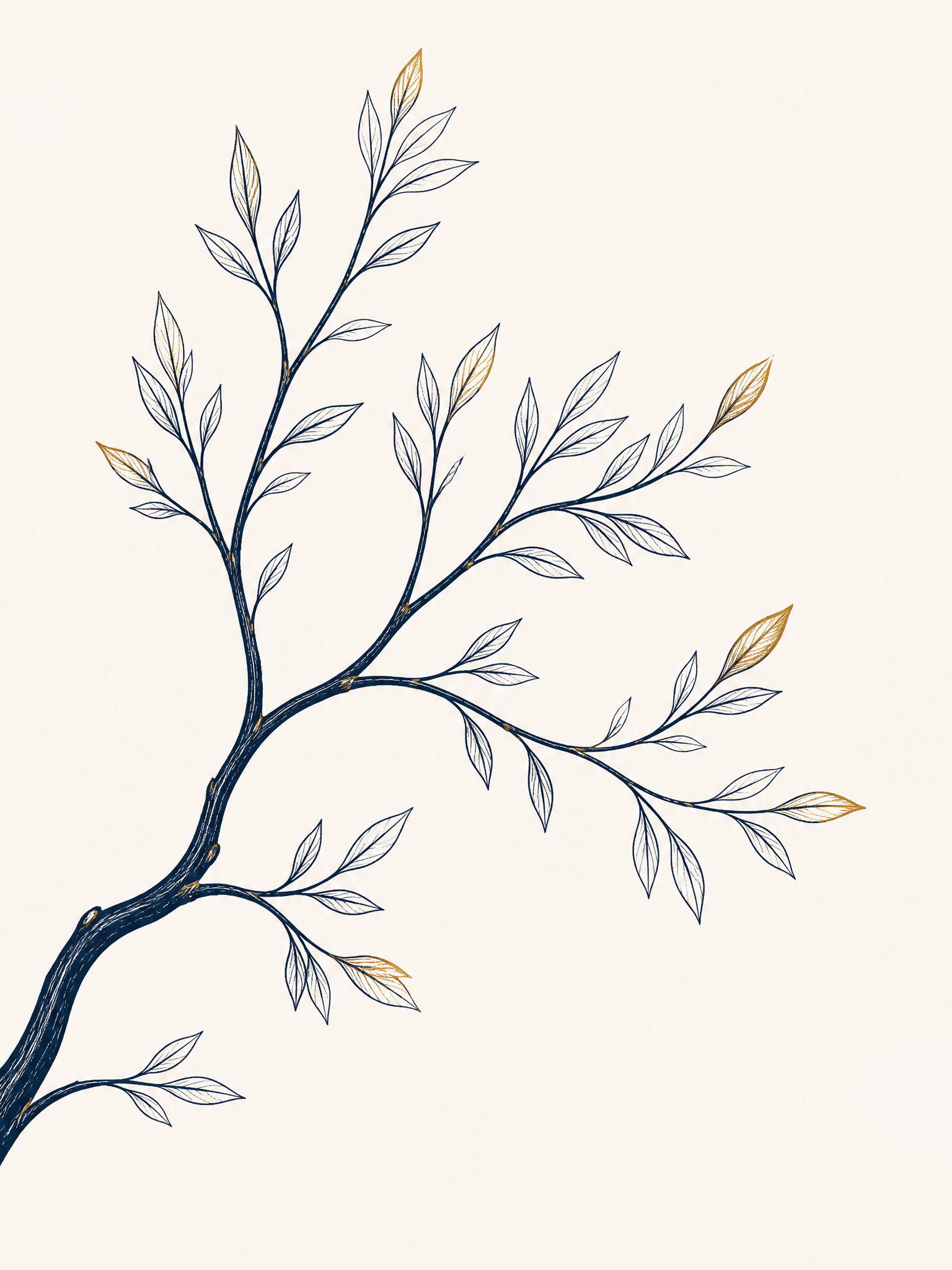 Abstract botanical illustration of a branch with fine leaves in navy and gold