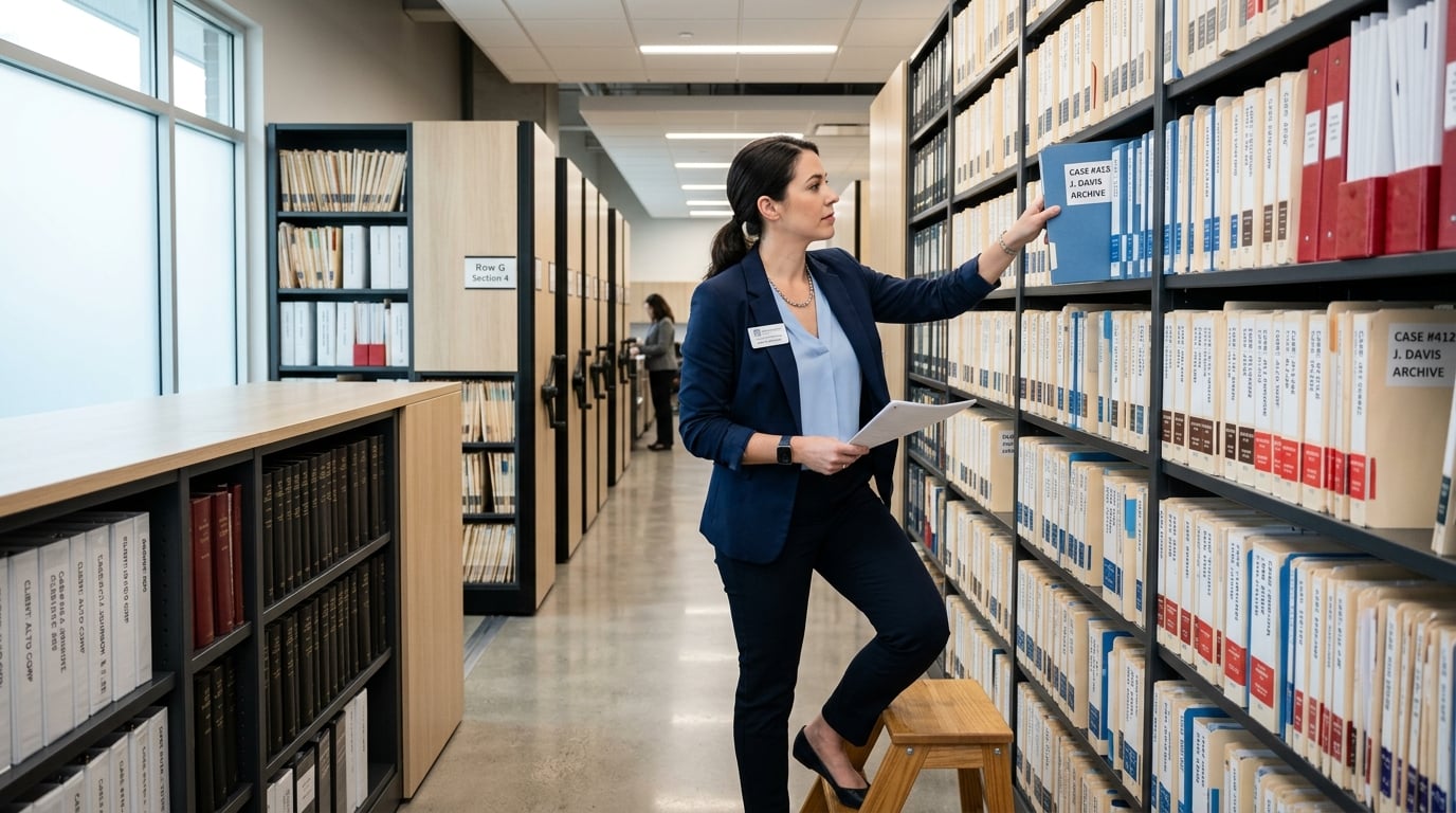 Professional legal assistant retrieving organized files from a modern archive room
