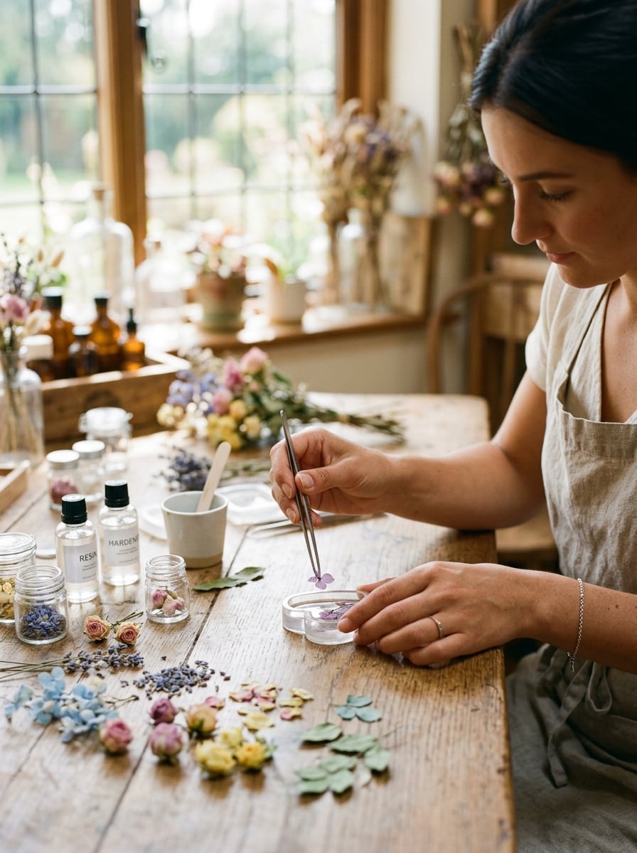 Artisan hands crafting flower jewelry at NUE Craft workshop