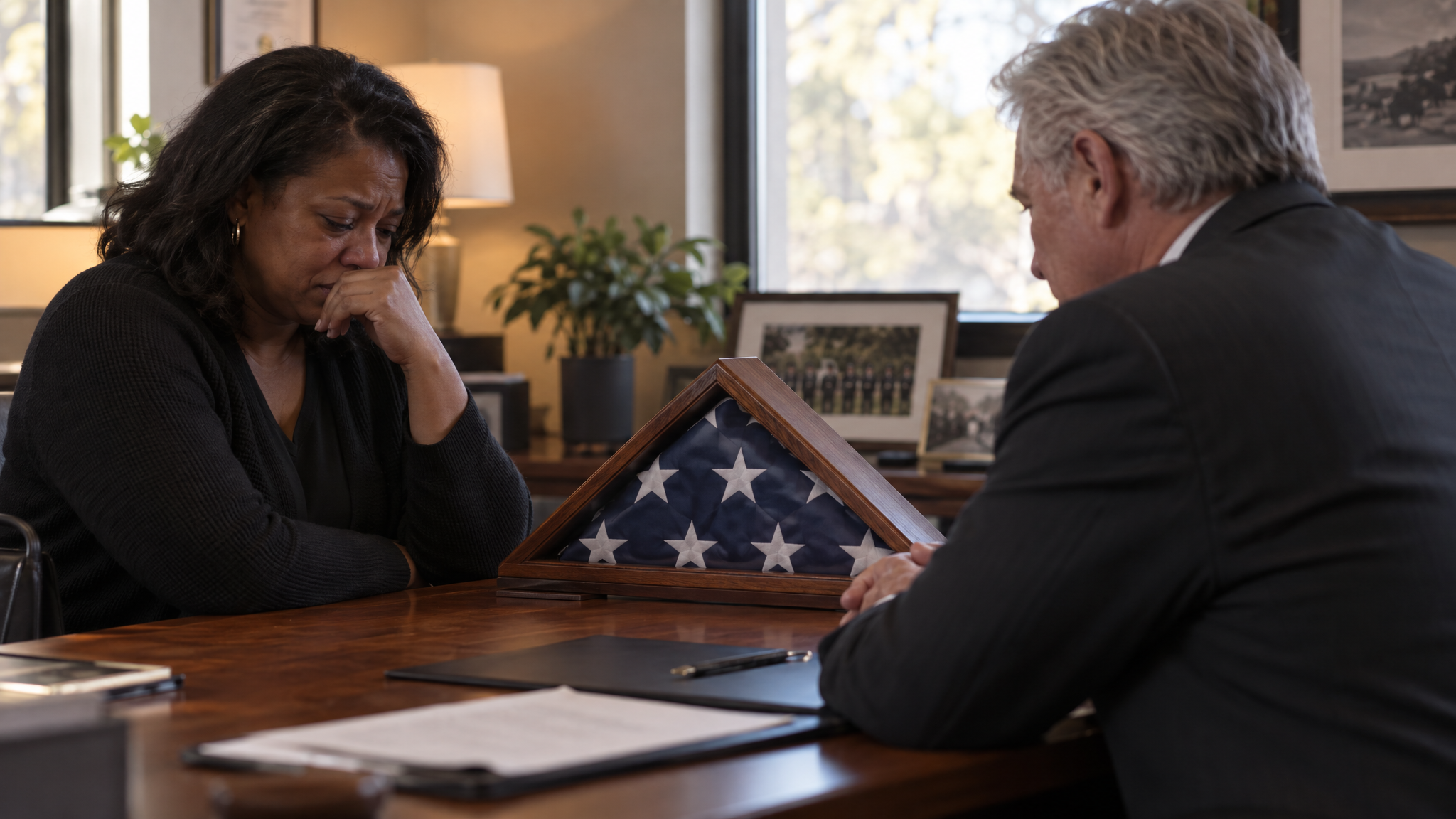 Service-connected burial: a daughter meeting with a funeral director beside her father's folded flag