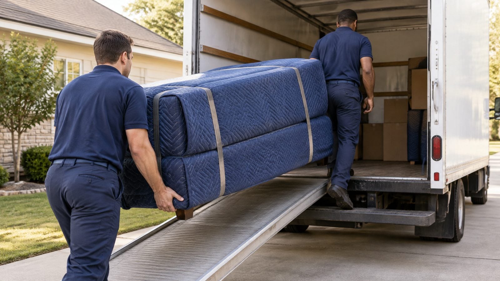 Professional movers carefully loading a sofa into a moving truck