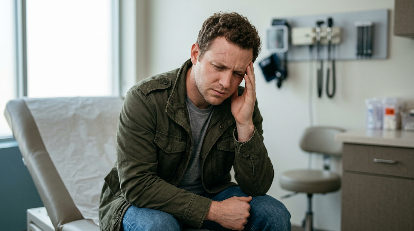 Photograph of a male veteran in his thirties with a faint temple scar, hand to his head in a clinic