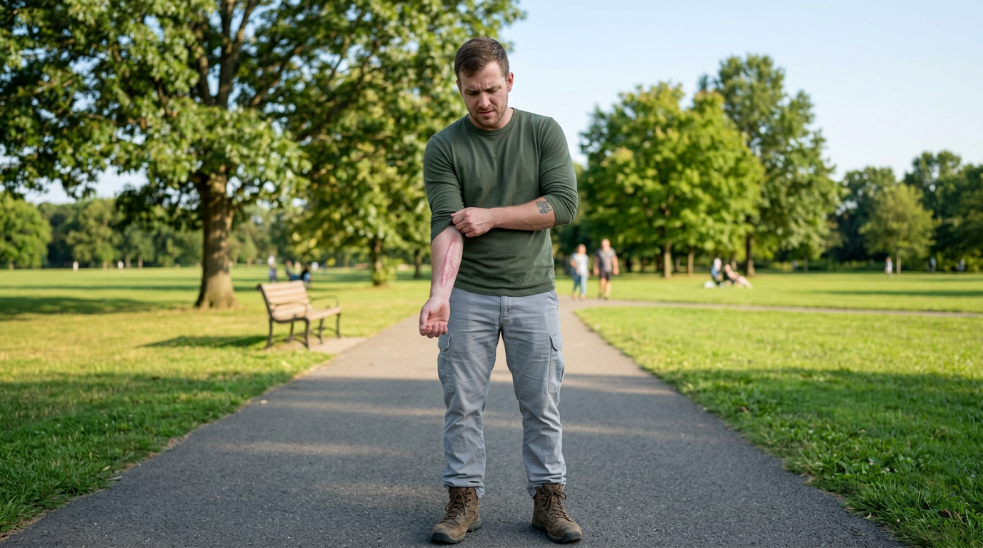 White male veteran standing in a park self-consciously pulling down his long sleeve to cover a scar on his forearm