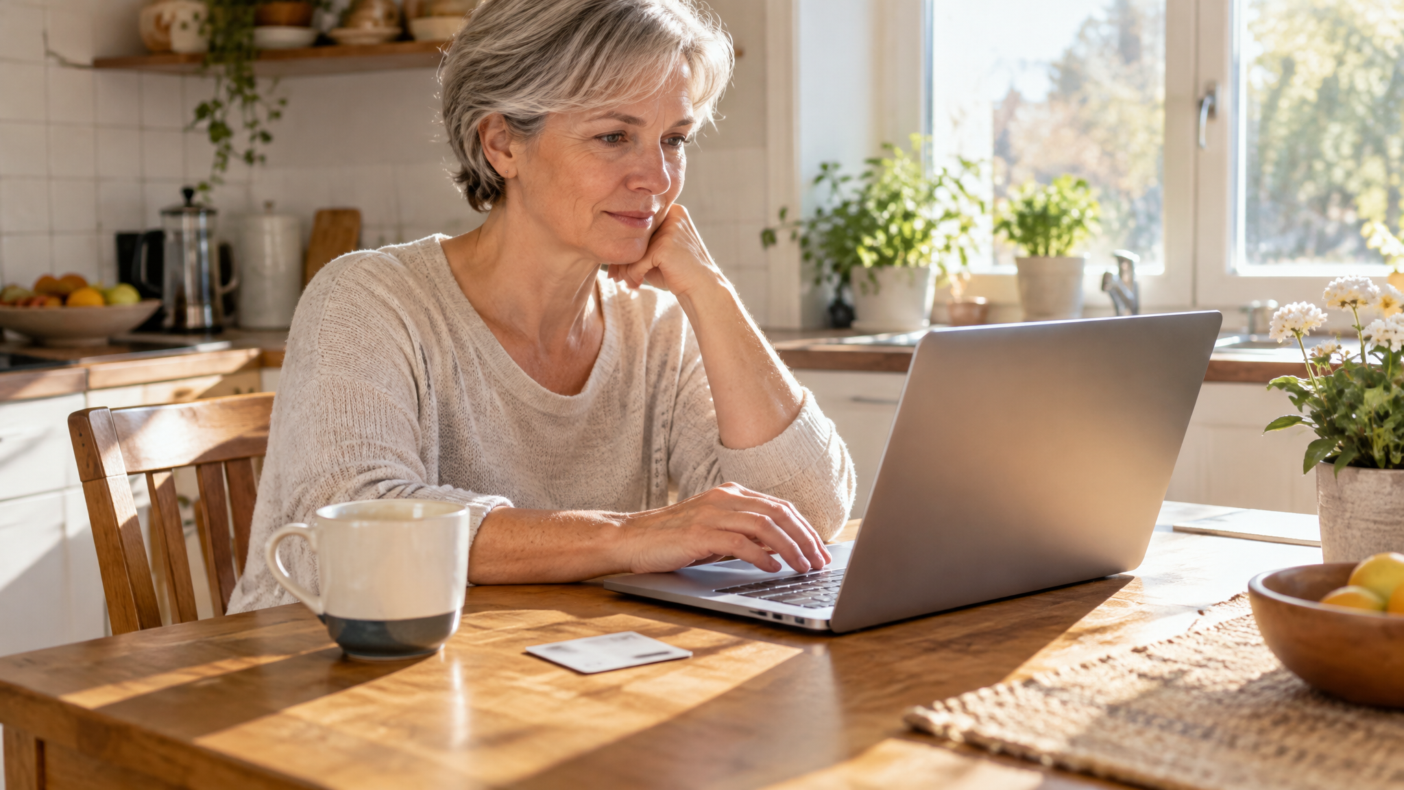 A woman veteran with short gray hair calmly updating settings on a laptop at her kitchen table
