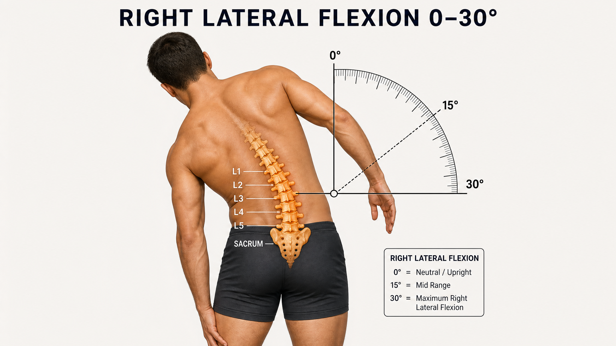 Clinical illustration of right lumbar lateral flexion viewed from behind — a male figure bending the trunk toward the right with the L1–L5 spine and sacrum overlaid and a goniometer protractor arc measuring the angle