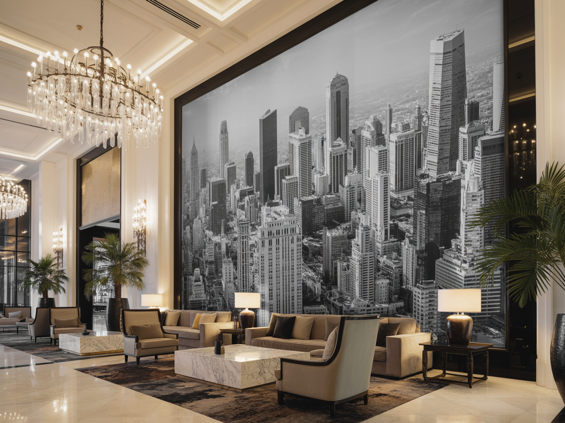 Schwarzweiss Skyline als grossformatiger Wanddruck in Hotellobby