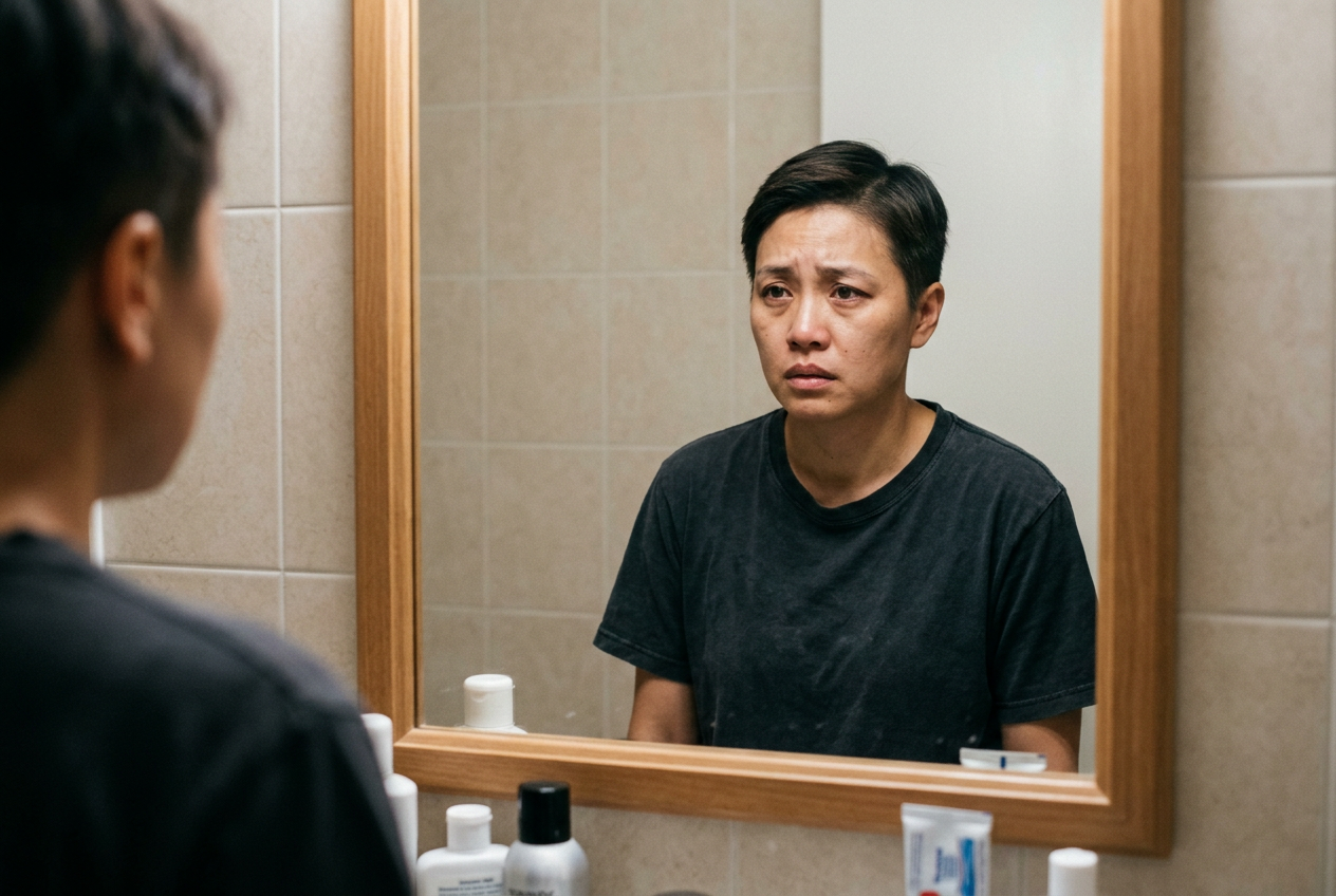 A woman looking at her own reflection in a bathroom mirror with an expression of deep emptiness and self-doubt