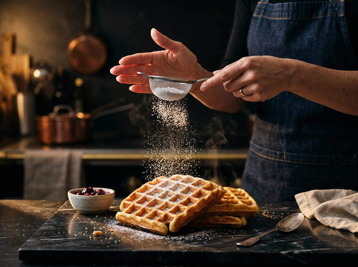 Pastacı waffle üzerine pudra şekeri serpiyor