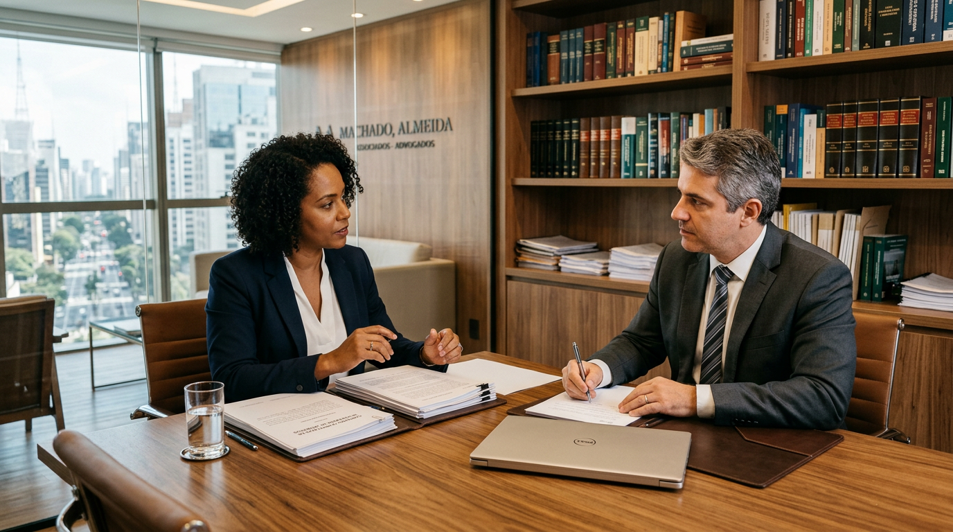 Advogados em reunião de trabalho em escritório de advocacia moderno
