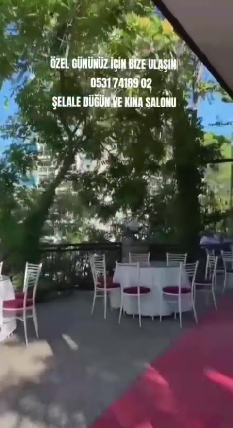 Açık hava bahçe terası — beyaz sandalyeler ve kırmızı halı
