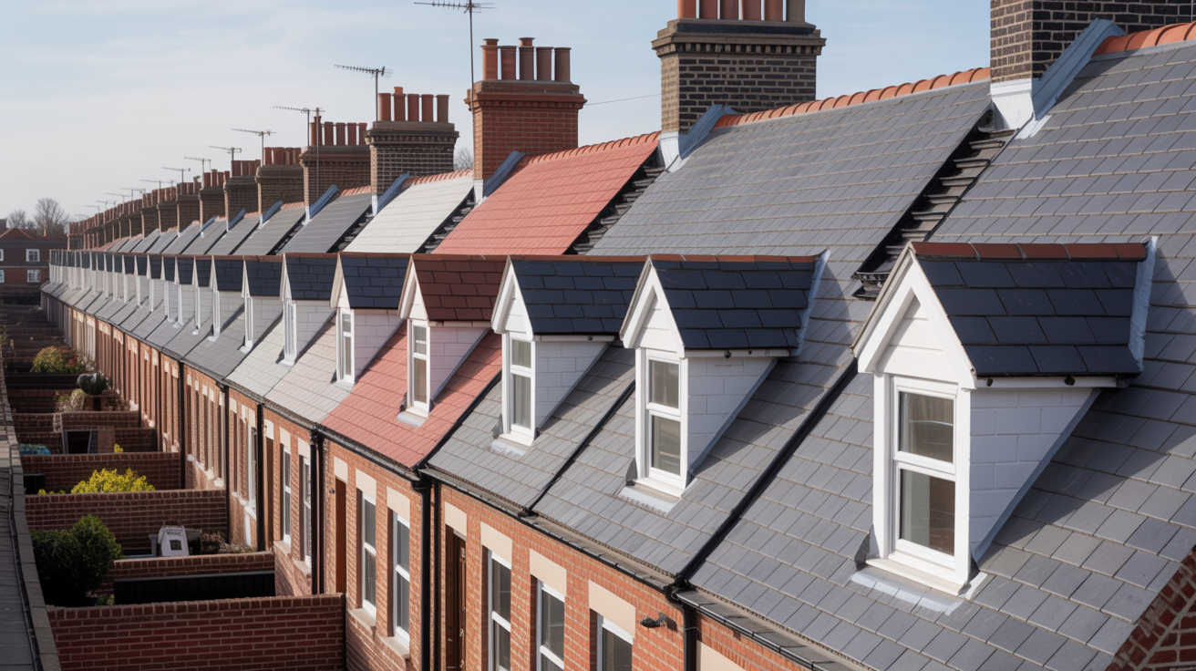 Terraced house row with completed roofing