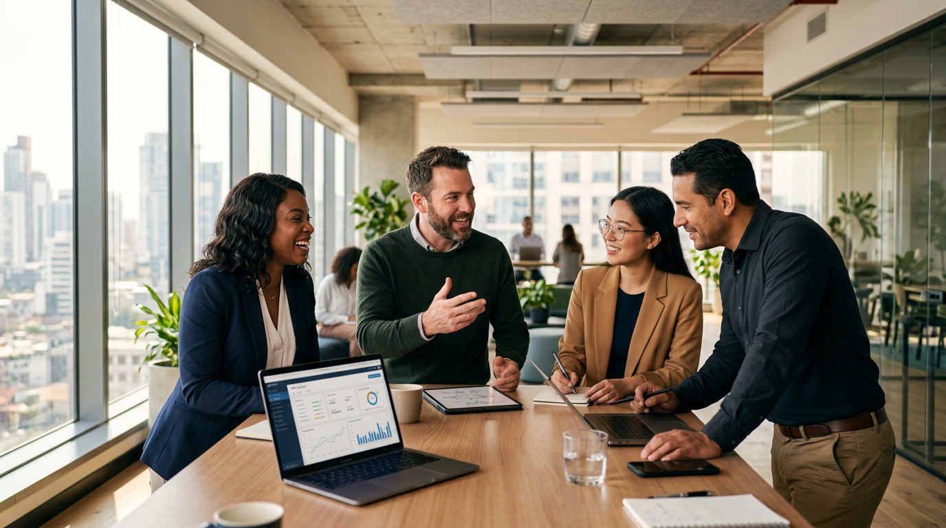 Equipe comercial colaborando em reunião de vendas em escritório moderno