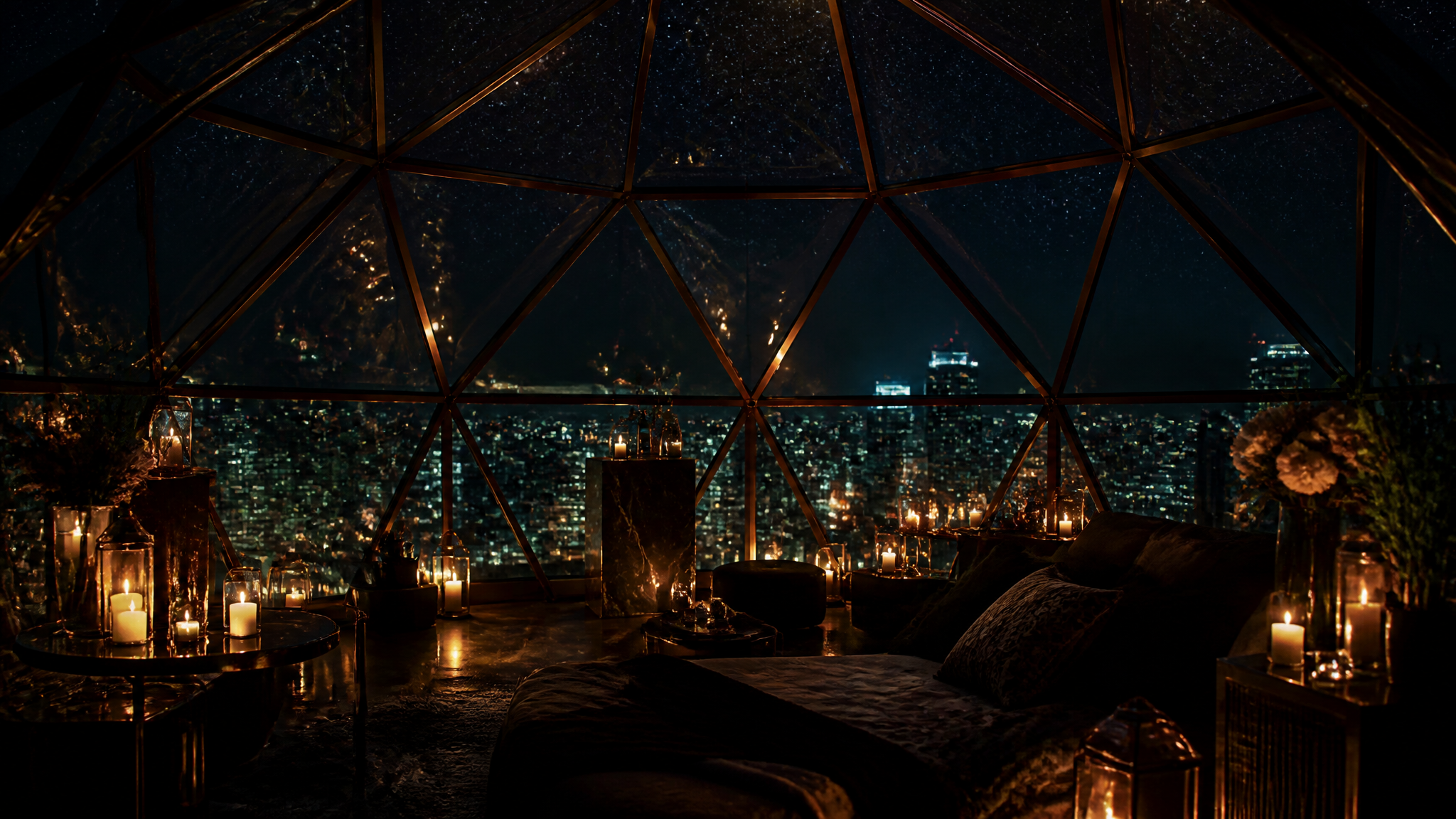 Velvet Skies transparent dome on rooftop at night with candles and starry sky