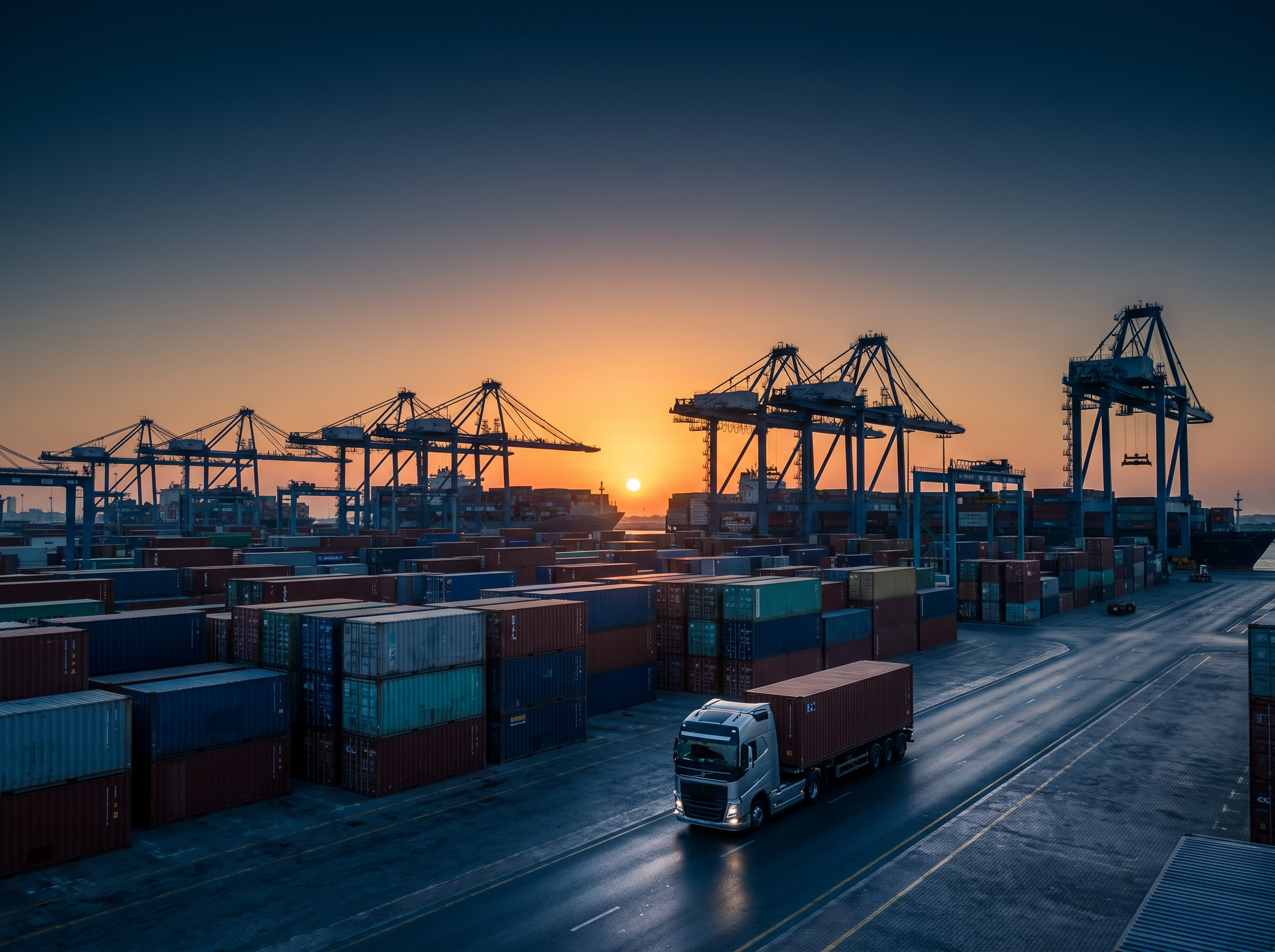 Jebel Ali port in Dubai with container cranes and a cargo truck at sunset