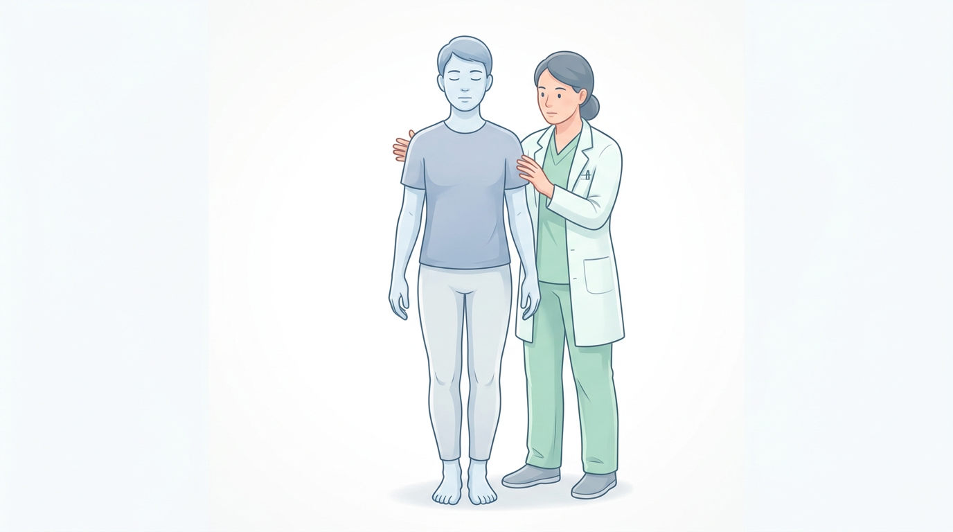 Illustration of a patient standing with eyes closed and feet together while a clinician stands ready to steady them during a Romberg test