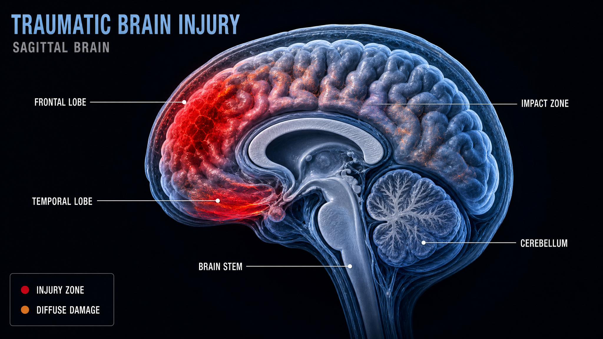 Sagittal brain diagram showing cortical impact injury zones in traumatic brain injury