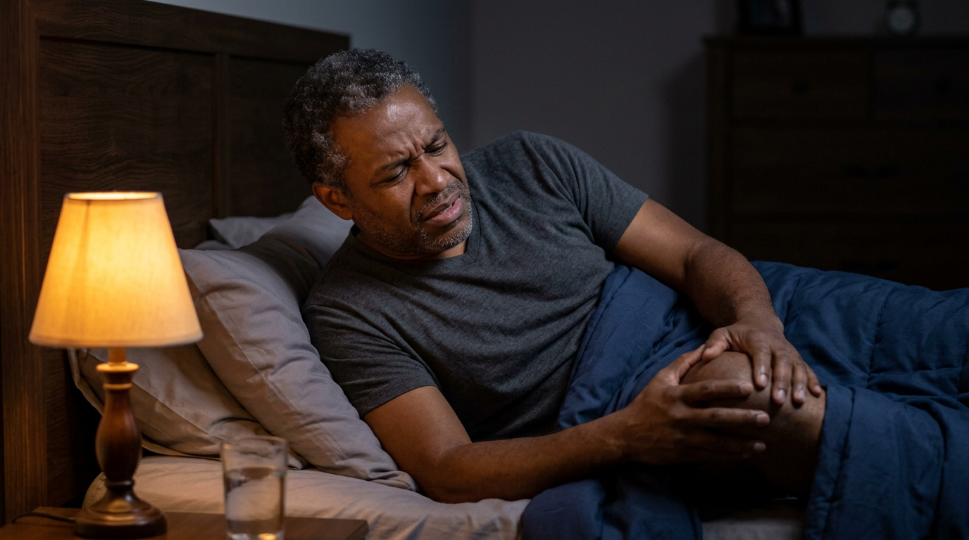 Black male veteran lying awake in bed at night grimacing from joint pain