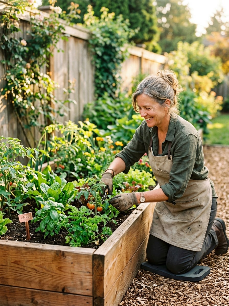 Homegrown founder tending to a cedar raised garden bed