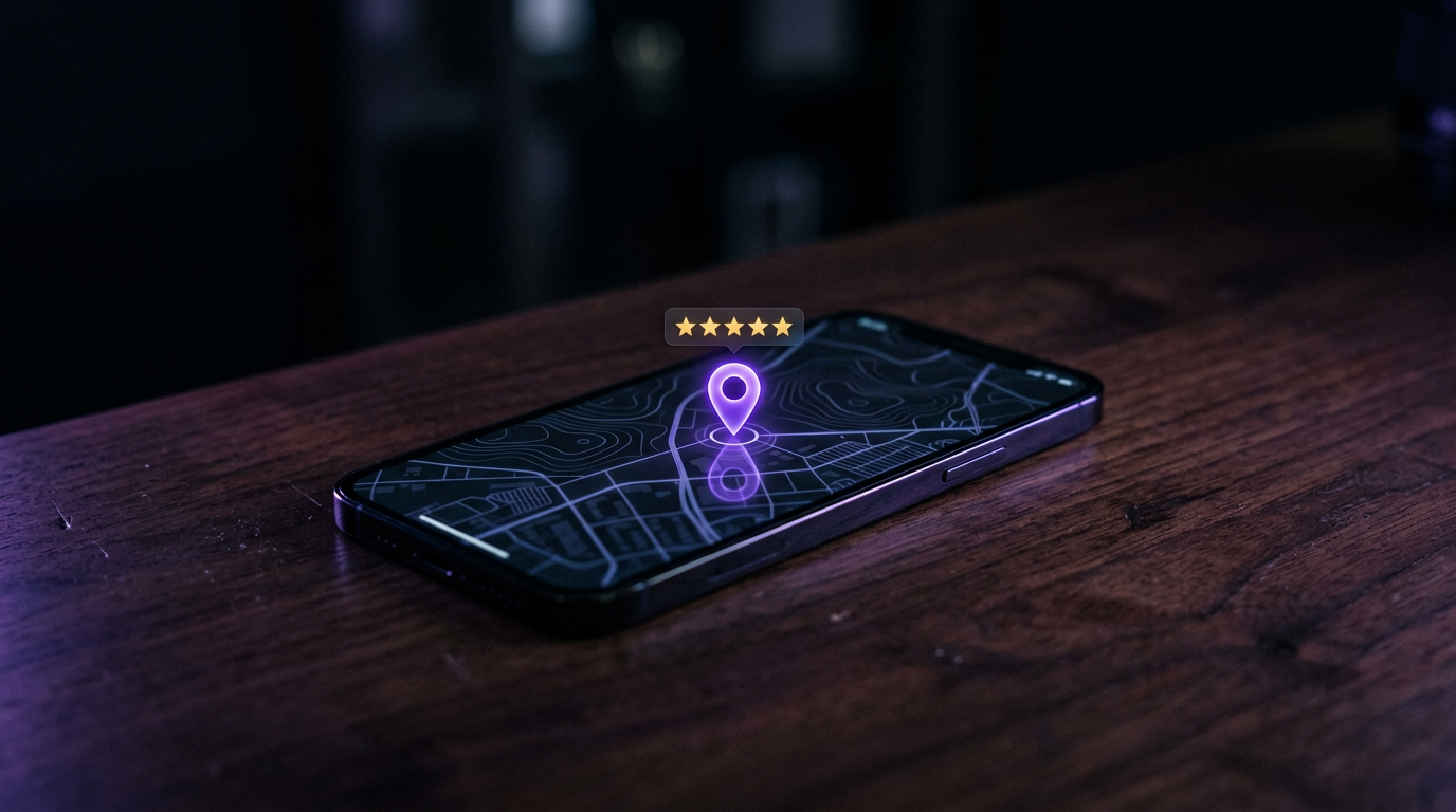 A phone on a desk showing a five-star local business listing in a map pack