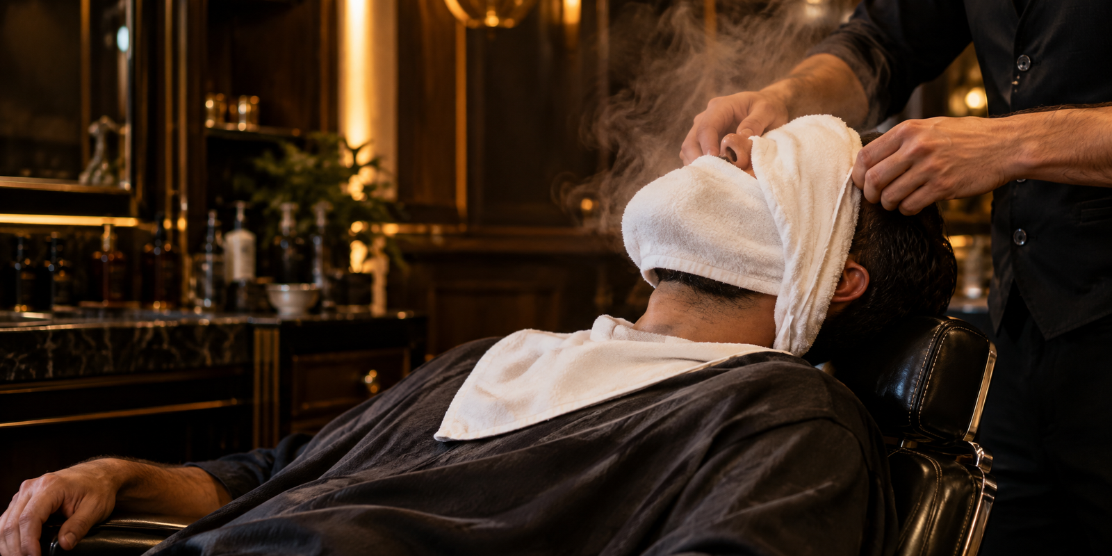 Barboterapia com toalha quente aplicada em cliente em barbearia de Sorocaba