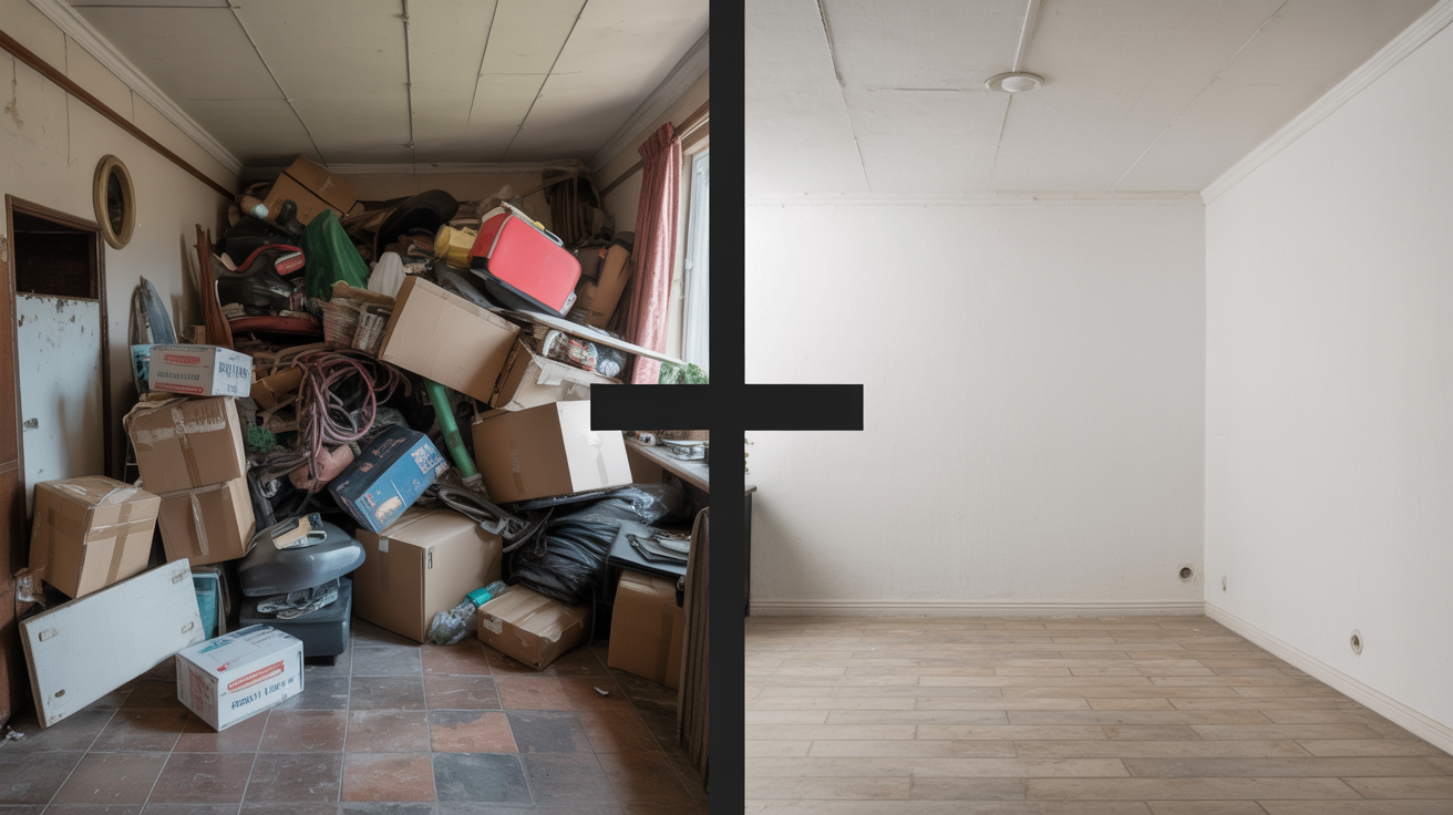 Before and after junk removal transformation showing cluttered room to clean space