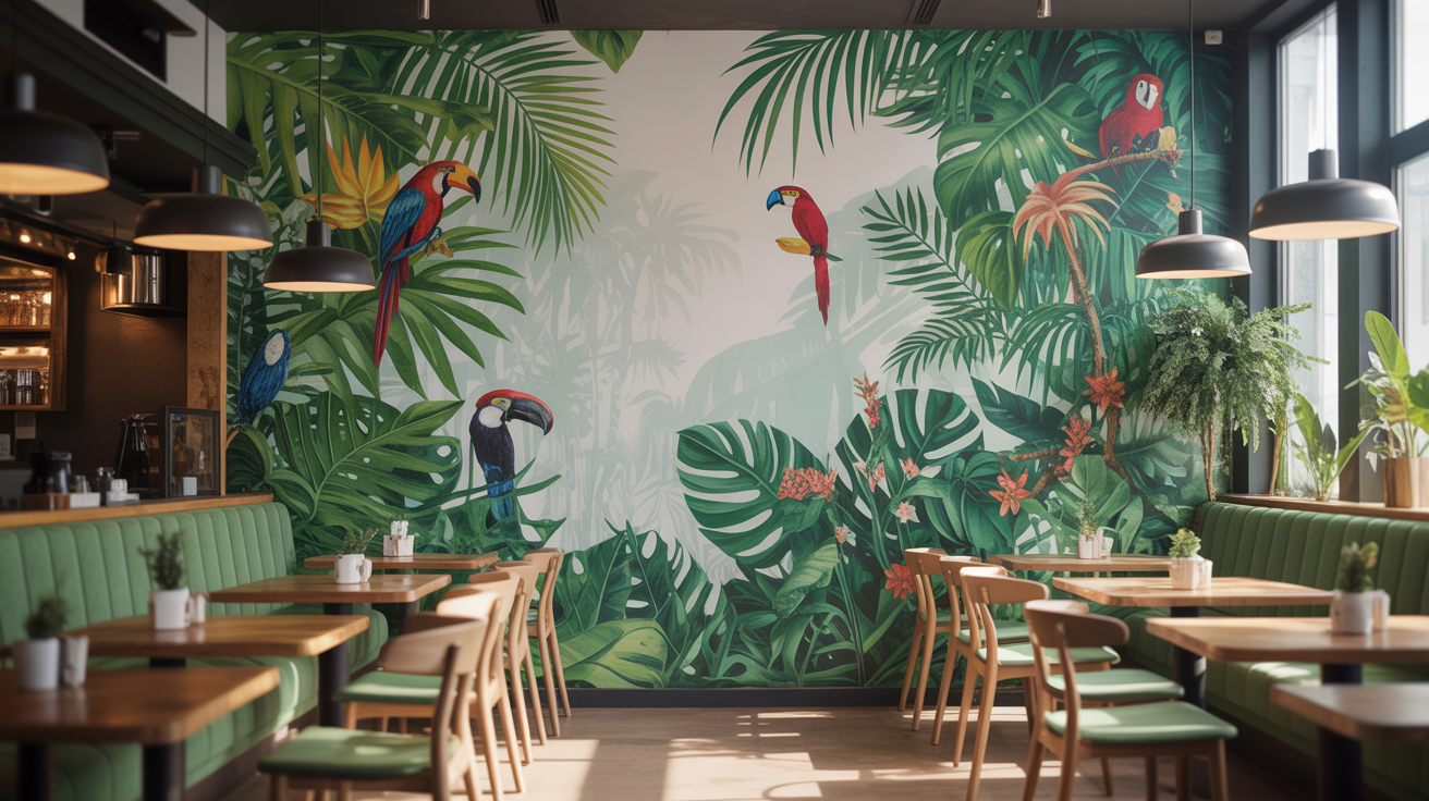 Tropisches Dschungel-Wandbild in einem trendigen Café