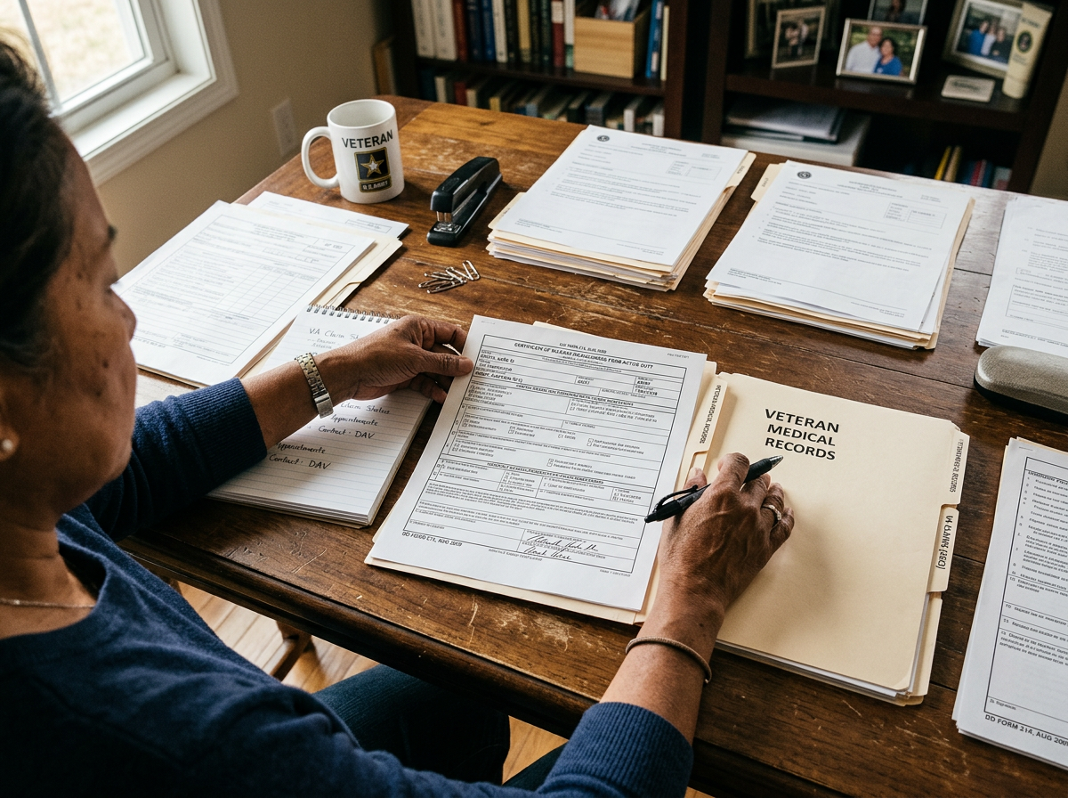 Woman veteran organizing her DD214 and medical records on a table