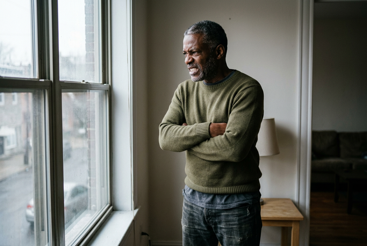 An older Black male veteran standing by a window with arms crossed, jaw tight, frustrated expression