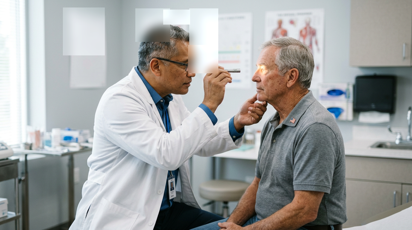 A Pacific Islander clinician performing a neurological examination on a seated veteran, checking eye tracking with a penlight, during a specialist traumatic brain injury evaluation