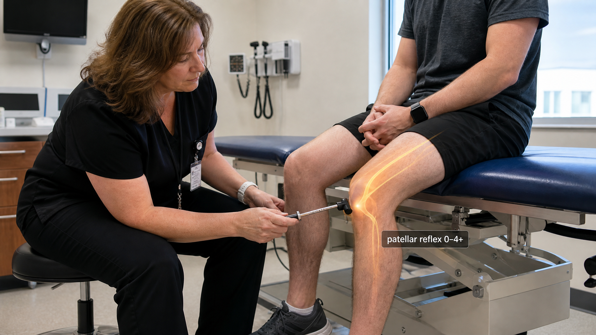 White woman clinician in her 50s striking the patellar tendon with a reflex hammer on a seated patient, warm amber femoral-nerve glow to the kneecap with a patellar reflex 0 to 4+ label