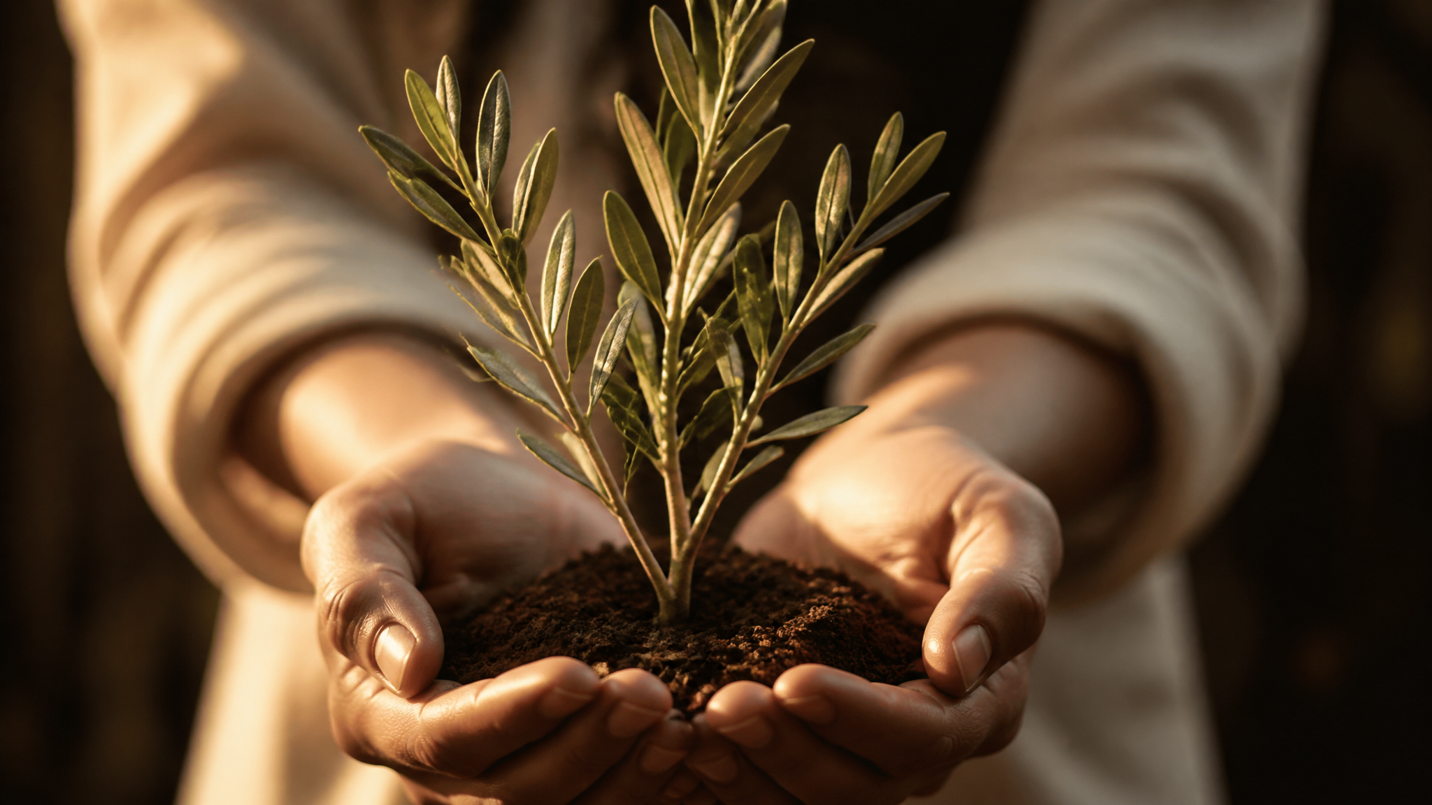 Hands gently holding a small olive plant in warm golden light