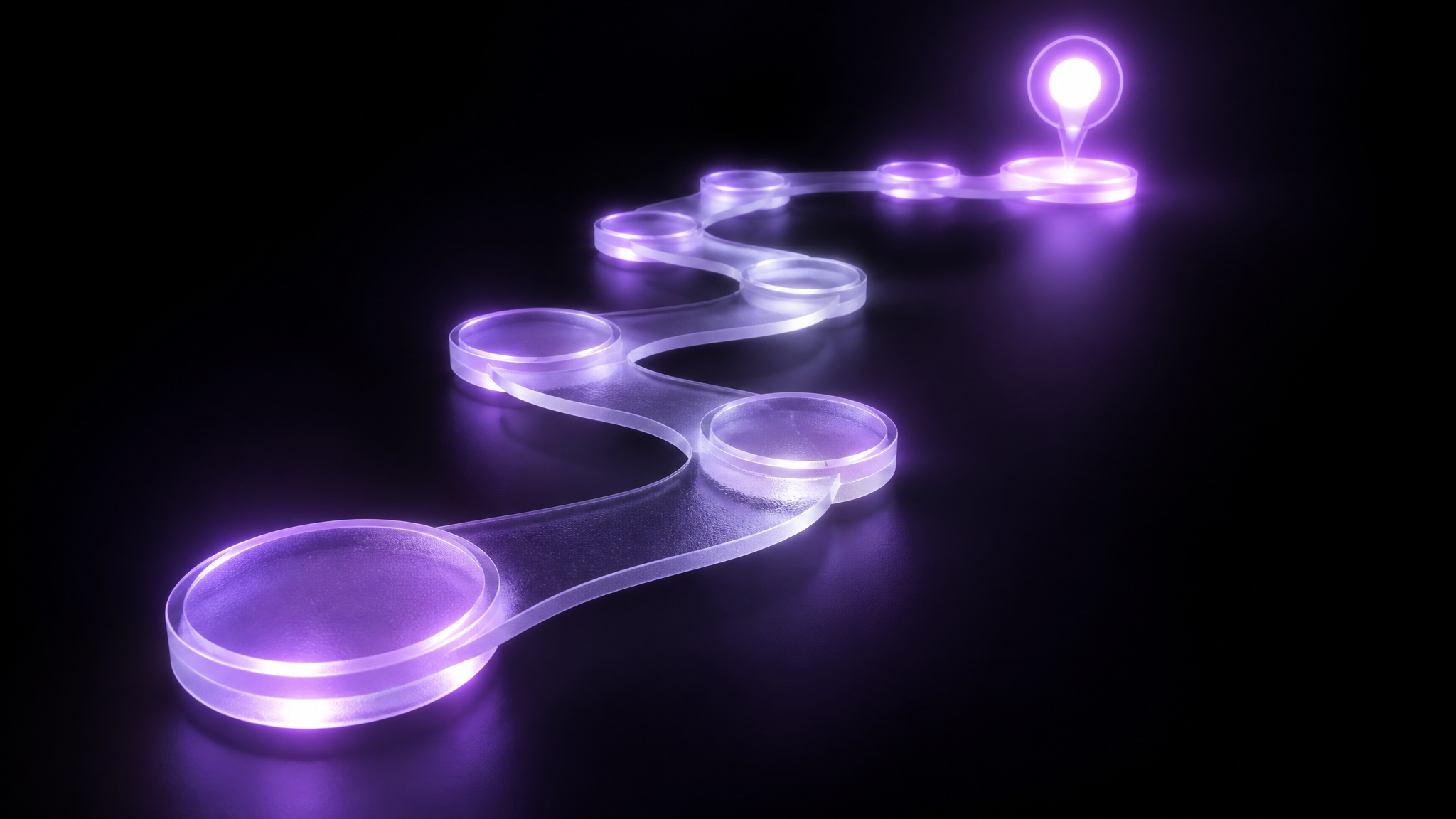 A translucent frosted-glass path of glowing violet step nodes leading to a final marker, in the dark
