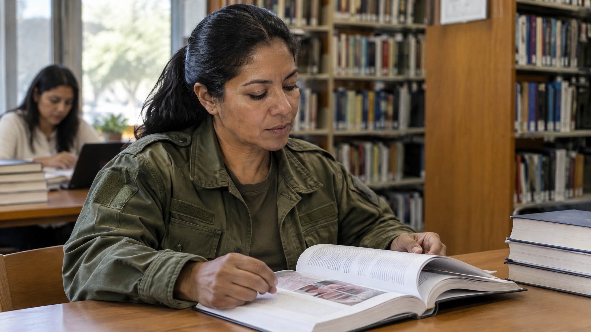 A Latina woman veteran in a military field jacket reading a medical journal at a library table