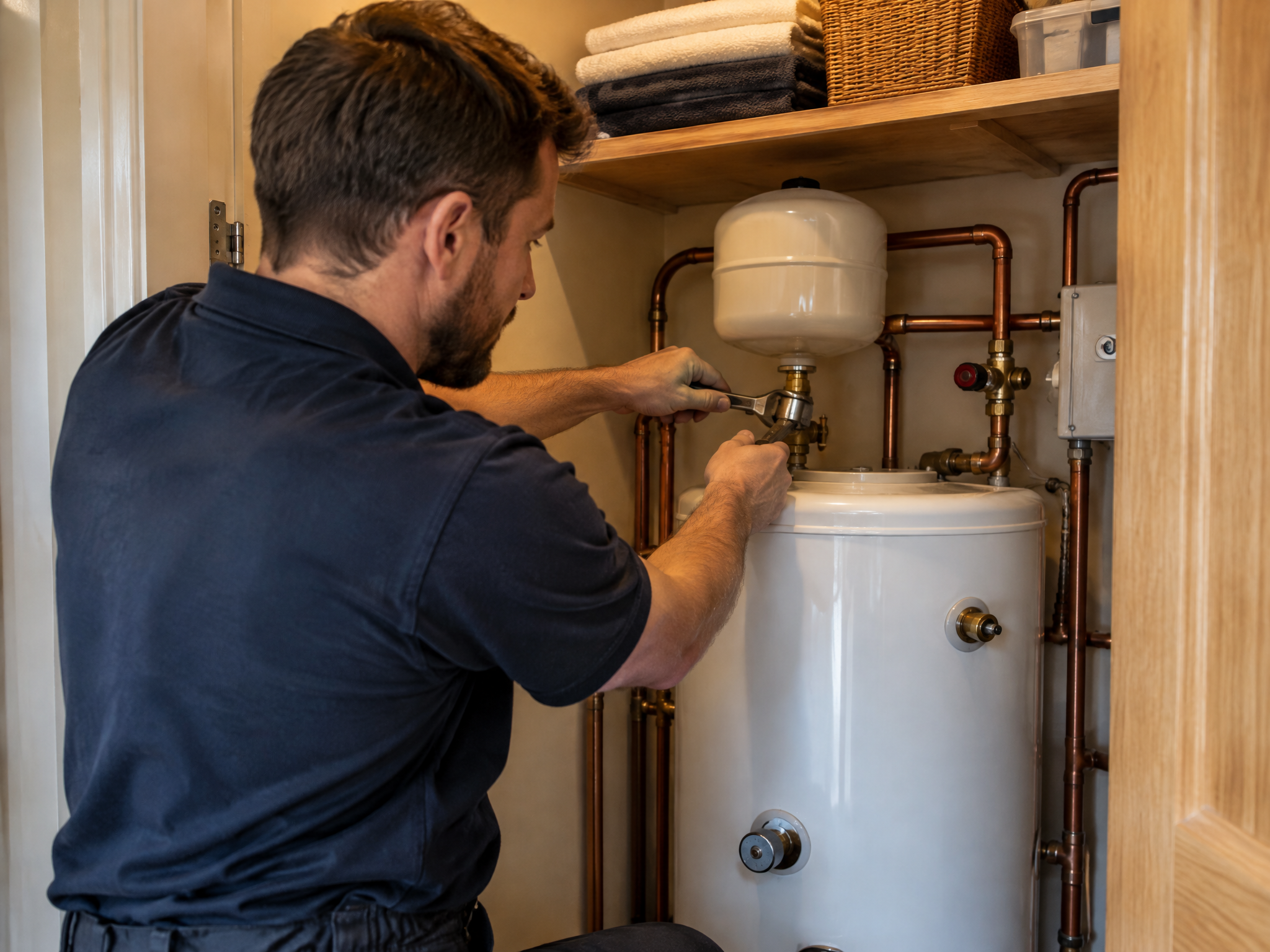 Plumber working on an unvented hot water cylinder in an airing cupboard