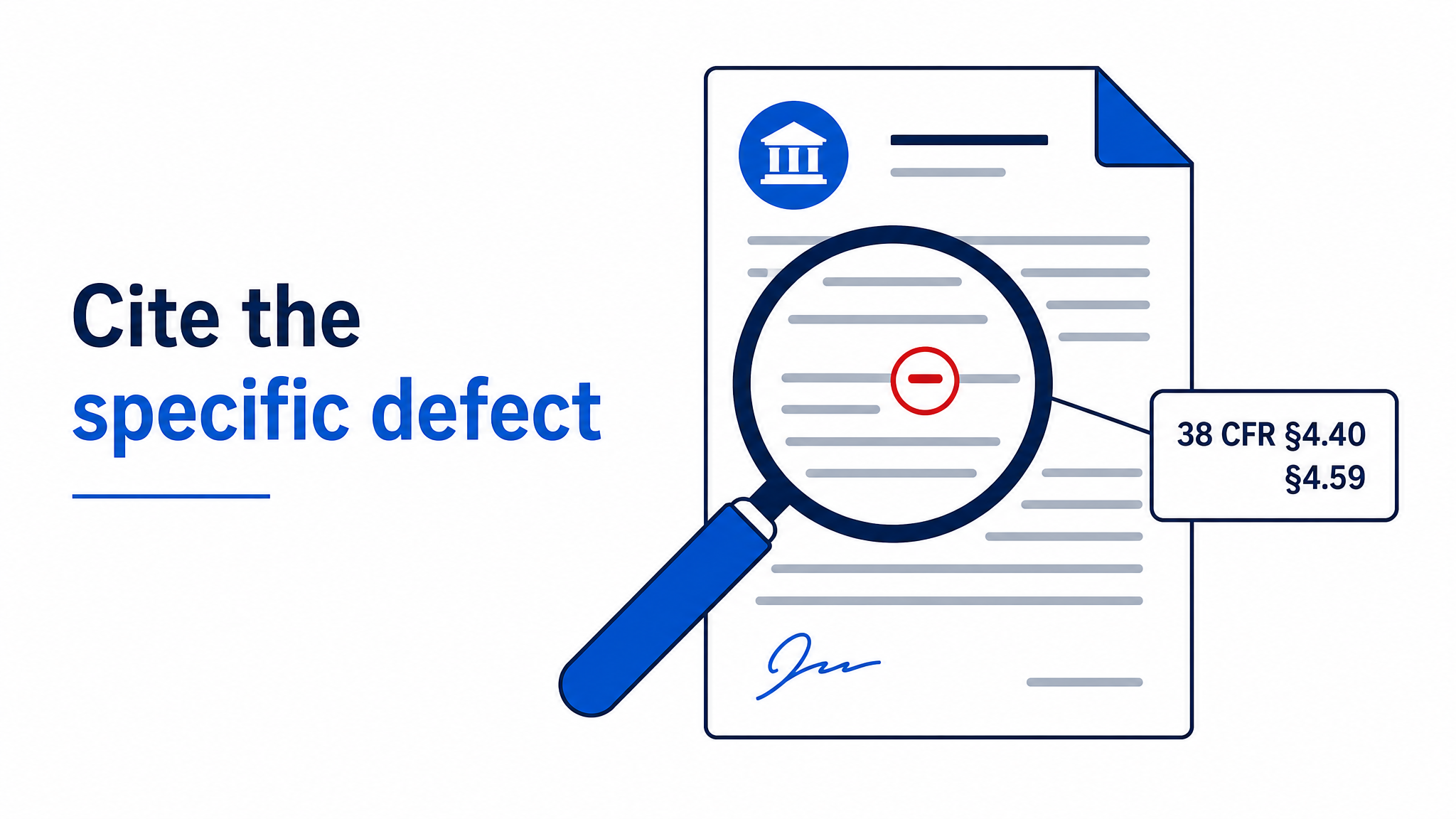 Flat infographic of a magnifying glass over a document with a defect circled in red and a regulation citation tag
